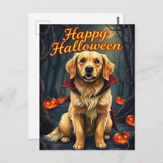 ウィッチハットハロウィーンかわいい犬のゴールデンレトリバー ポストカード (正面/裏面)