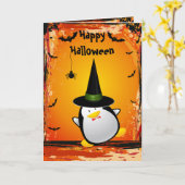 ウィッチハットハロウィーンカード付きキュートペンギン カード (黄色い花)