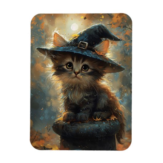 ウィッチハットフレキシブルマグネットをかぶったかわいい子猫 マグネット (縦)
