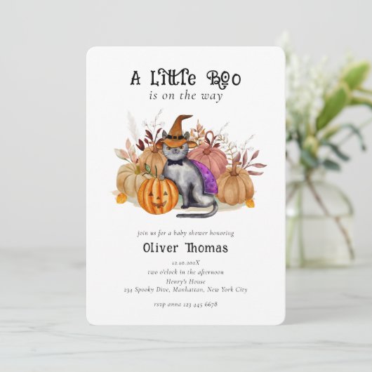 ウィッチハットベイビーシャワーの小さなブー詩の猫 招待状 (スタンド正面)