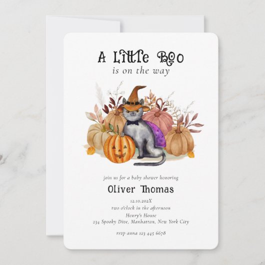 ウィッチハットベイビーシャワーの小さなブー詩の猫 招待状 (正面)