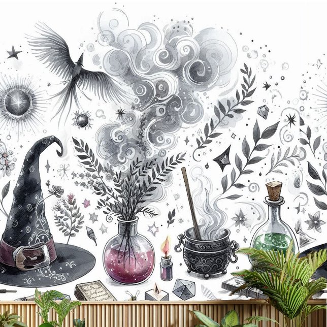 ウィッチハット魔法ポーション醸造カルドロンハーブレシピ 壁紙 (Witch Hat Magic Potion Brew Cauldron Herbs Recipe Wallpaper)