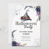ウィッチハット&スパイダーウェブウォーターカラーハローウィンパーティ 招待状 (正面)