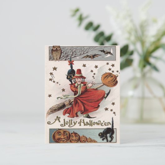 ウィッチハロウィーンのカボチャのちょうちん黒猫こうもりフクロウ ポストカード (スタンド正面)