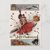 ウィッチハロウィーンのカボチャのちょうちん黒猫こうもりフクロウ ポストカード (正面)
