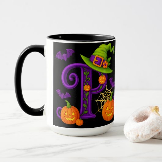 ウィッチハロウィーンイニシャル"P"マグ マグカップ (ドーナツ付き)