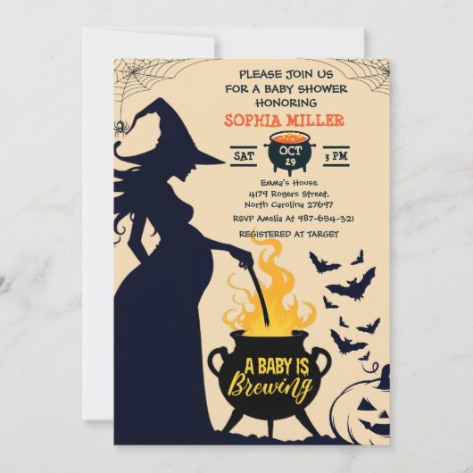 ウィッチハロウィーンカルドロンベビーがシャワーを醸造している 招待状 (正面)
