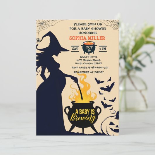 ウィッチハロウィーンカルドロンベビーがシャワーを醸造している 招待状 (スタンド正面)
