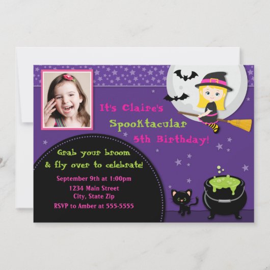 ウィッチハロウィーン誕生日招待状ブロンド 招待状 (正面)