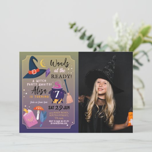 ウィッチバースデーパーティーWandsレディーガールズピンクの写真 招待状 (スタンド正面)