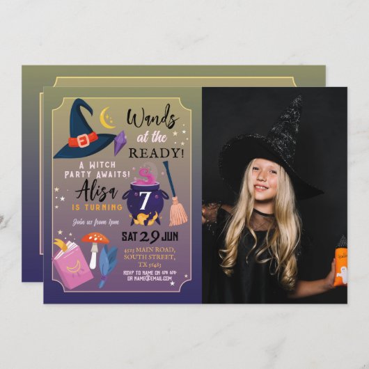 ウィッチバースデーパーティーWandsレディーガールズピンクの写真 招待状 (正面/裏面)