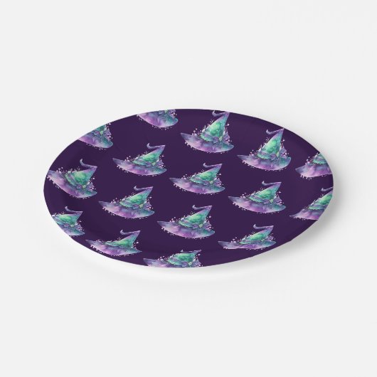 ウィッチパターン（の模様が）あるハットパープルハローウィンパーティ ペーパープレート (アングル)