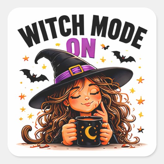 ウィッチモードがオン 可愛いコーヒー好き ハロウィンマジック スクエアシール (正面)