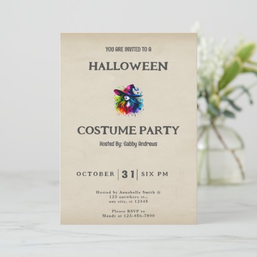 ウィッチレインボーヘアカラフルヴィンテージハロウィン 招待状 (スタンド正面)