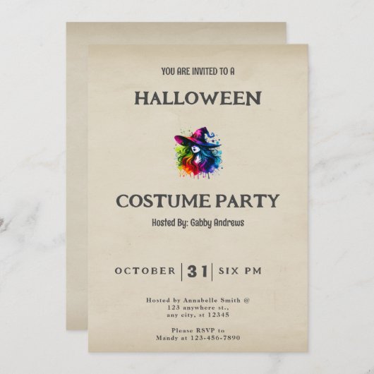 ウィッチレインボーヘアカラフルヴィンテージハロウィン 招待状 (正面/裏面)