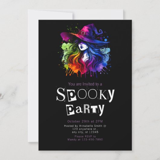 ウィッチレインボーモダンミニマリストハローウィンパーティ 招待状 (正面)
