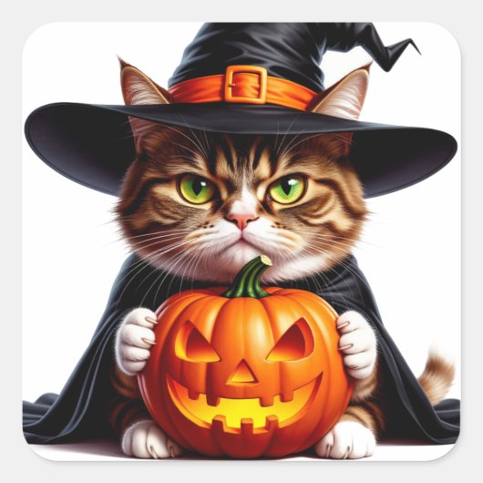 ウィッチーな不機嫌猫とジャック・オ・ランタン🎃 スクエアシール (正面)
