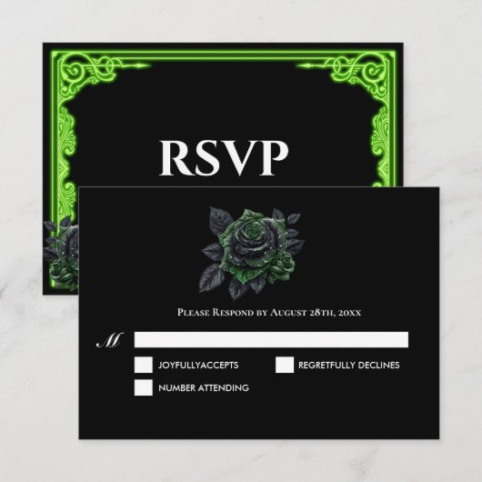 ウィッチーな緑の輝き ゴシックウェディング RSVP カード (正面/裏面)