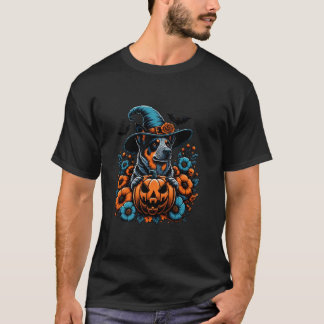 ウィッチーブルーヒーラードッグ怖いカボチャ秋レトロ Tシャツ