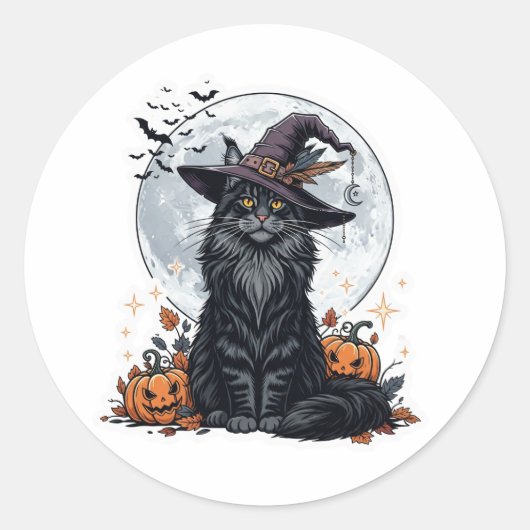 ウィッチーメインクーン威厳のあるハロウィーンネコ ラウンドシール (正面)