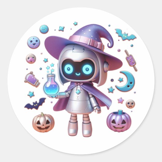 ウィッチーロボットハロウィーンステッカーかわいいホログラフィック ラウンドシール (正面)
