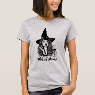 ウィッチー女、ワインを保持エレガントしている黒い魔女 Tシャツ