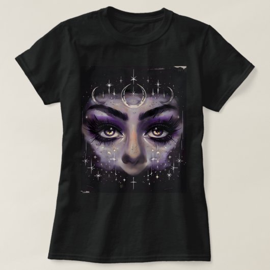 ウィッチー宇宙の目 – パープルミスティック顔 Tシャツ (デザイン正面)