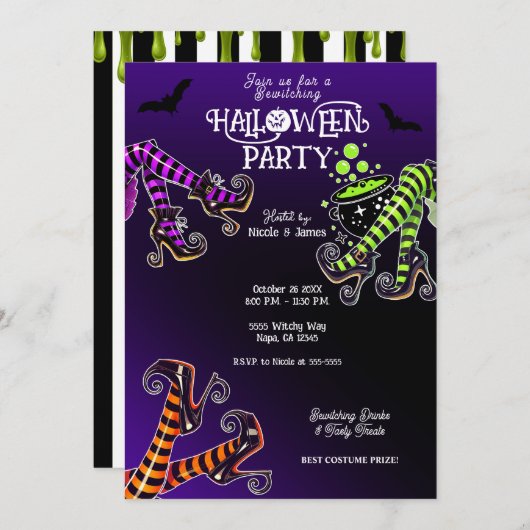 ウィッチー脚ビーチングパープルハローウィンパーティ 招待状 (正面/裏面)