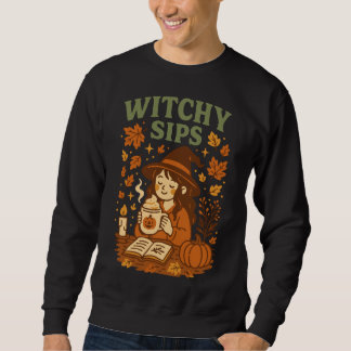 ウィッチーSipsハロウィーンTシャツ | 居心地の良いウィッチコーヒー スウェットシャツ