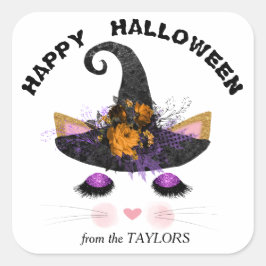 ウィッチ子猫顔ハロウィーン スクエアシール