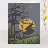 ウィッチ飛んでいるシルエットフルムーンスパイダーウェブ カード (黄色い花)