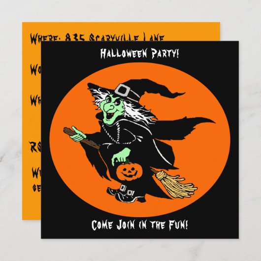 ウィッチ飛んでいるハロウィーン漫画招待状カード 招待状 (正面/裏面)