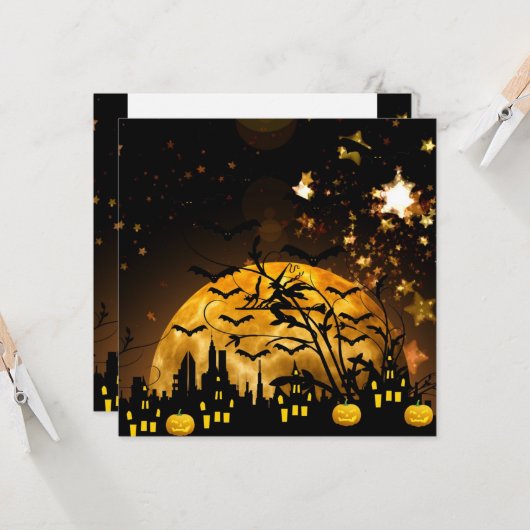 ウィッチ飛んでいるハーベストムーンこうもりハロウィーンギフト カード (正面/裏面インサイチュ)