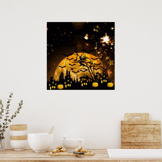ウィッチ飛んでいるハーベストムーンこうもりハロウィーンギフト ポスター (キッチン)
