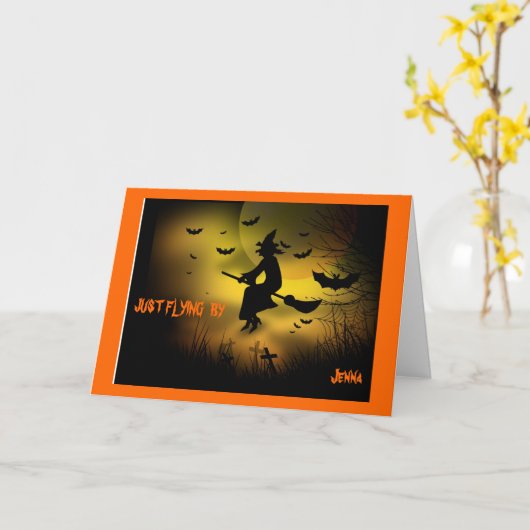 ウィッチ飛んでいるバイカスタムハッピーハローウィンカード カード (黄色い花)