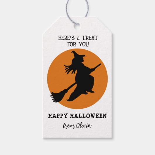 ウィッチ飛んでいるブラック&オレンジトリートハロウィーン ギフトタグ (正面)