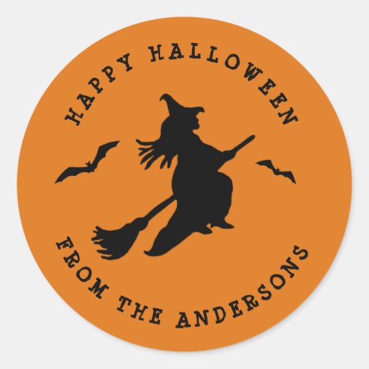 ウィッチ飛んでいるブラック&オレンジハロウィーン ラウンドシール (正面)
