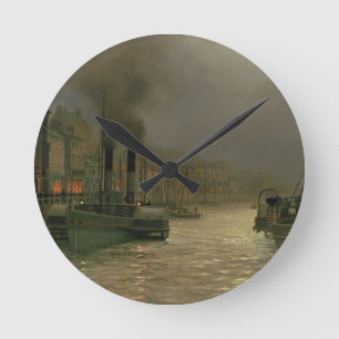 ウィットビーハーバー – Night, 1899 (キャンバス上の油) ラウンド壁時計