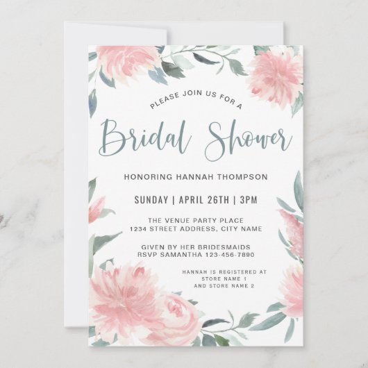 ウィッピーなピンクの水カラーフローラブライダルシャワー 招待状 (正面)