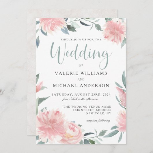 ウィッピーなピンクの水カラーフローラ結婚式招待状 招待状 (正面/裏面)