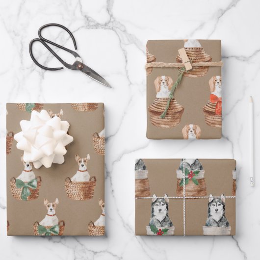 ウィッ素朴カーバスケットホリデーラップのクラフトドッグ ラッピングペーパーシート (正面)