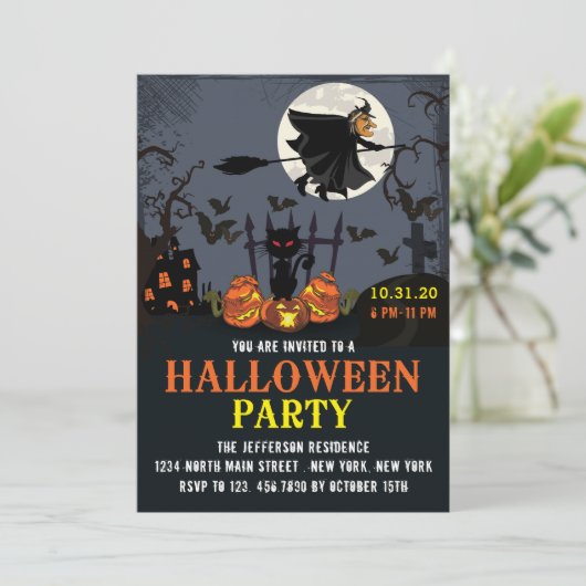 ウィッ飛んでいるチハローウィンパーティ招待状 招待状 (スタンド正面)