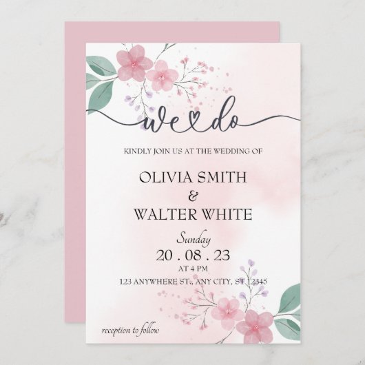 ウィドミニマリストピンクフローラ結婚式招待状 招待状 (正面/裏面)