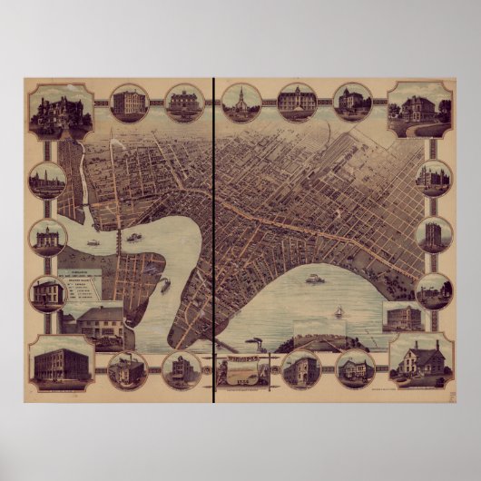 ウィニペグマニトバ1884アンティークパノラママップ ポスター (正面)