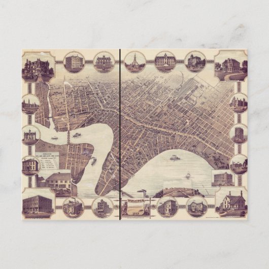 ウィニペグマニトバCanada Bird's Eye Viewマップ1884 ポストカード (正面)