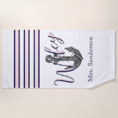 ウィフィー航海のモノグラムピンクネイビーブルーいかり ビーチタオル (正面)