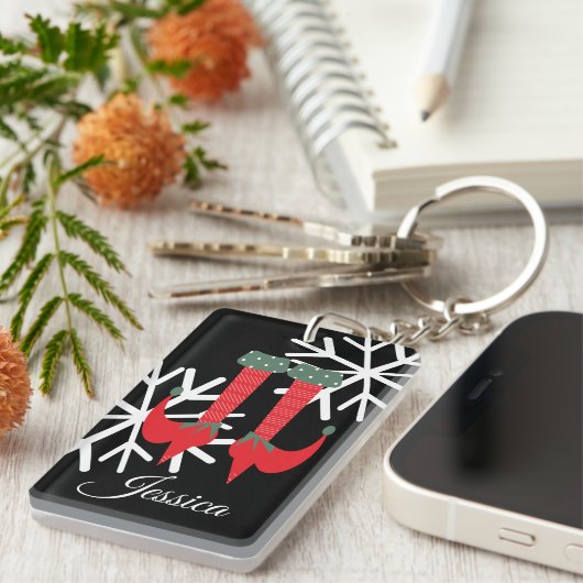 ウィミスティッククリスマス小妖精や小人足スノーフレークストッキング キーホルダー (正面右)