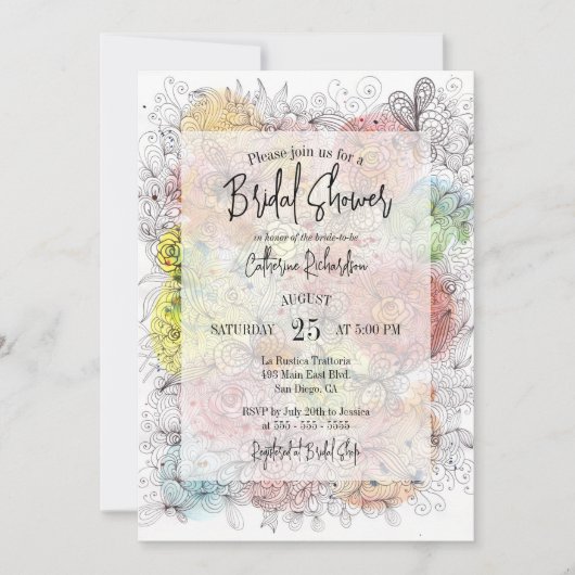 ウィムエレガントシーウォーター色フローラアートブライダルシャワー 招待状 (正面)