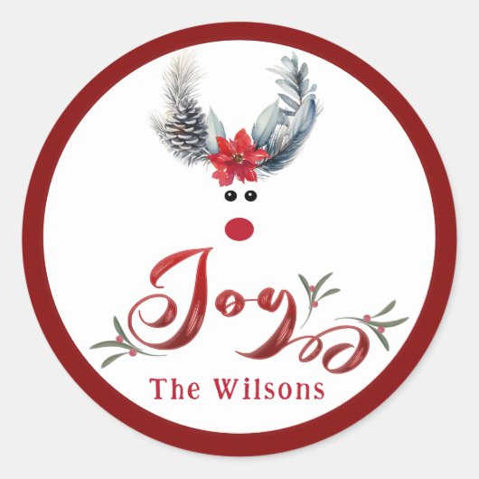 ウィムシおもしろいポインセチア・トナカイ・ジョイ・ホリデイ ラウンドシール (正面)