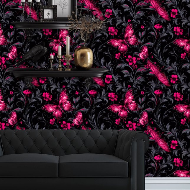ウィムシゴスブライトマゼンタチョウ 壁紙 (Whimsigoth Magent Butterflies and Dark Damask wallpaper behind a black couch.)